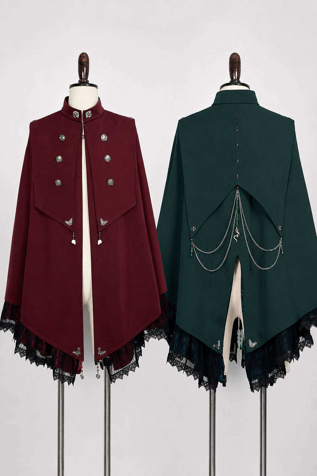 【9月5日予約締切】Dark Red/Dark Green Gothic Chain Layered Lace Cape Coat(Short Length/Long Length)