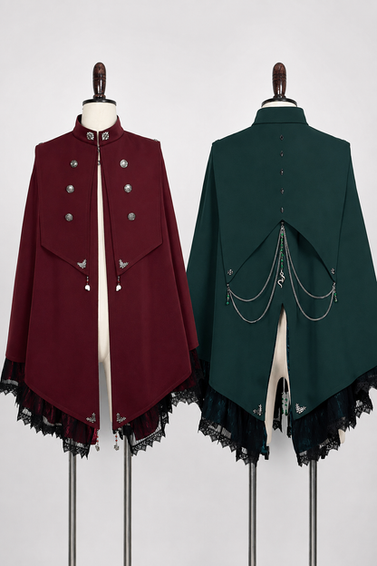 【9月5日予約締切】Dark Red/Dark Green Gothic Chain Layered Lace Cape Coat(Short Length/Long Length)