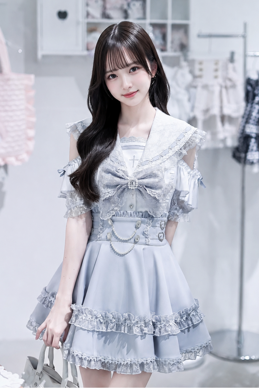 【8月30日予約締切】Blue And White Lace Sailor Gothic Open-Shoulder  Short-Sleeve Ribbon Shirt + Pearl Chain Frill Skirt