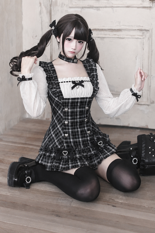 【9月15日予約締切】Black Check Frill Ribbon Long-Sleeve Mini Dress Set-Up + Choker