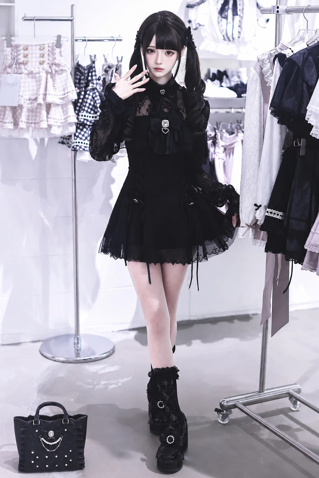 【9月15日予約締切】Black Dark Gothic Sheer Lace Dress Set (Includes Inner Shorts + Rhinestone Bow Tie)
