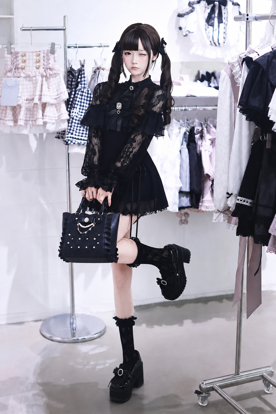 【9月15日予約締切】Black Dark Gothic Sheer Lace Dress Set (Includes Inner Shorts + Rhinestone Bow Tie)
