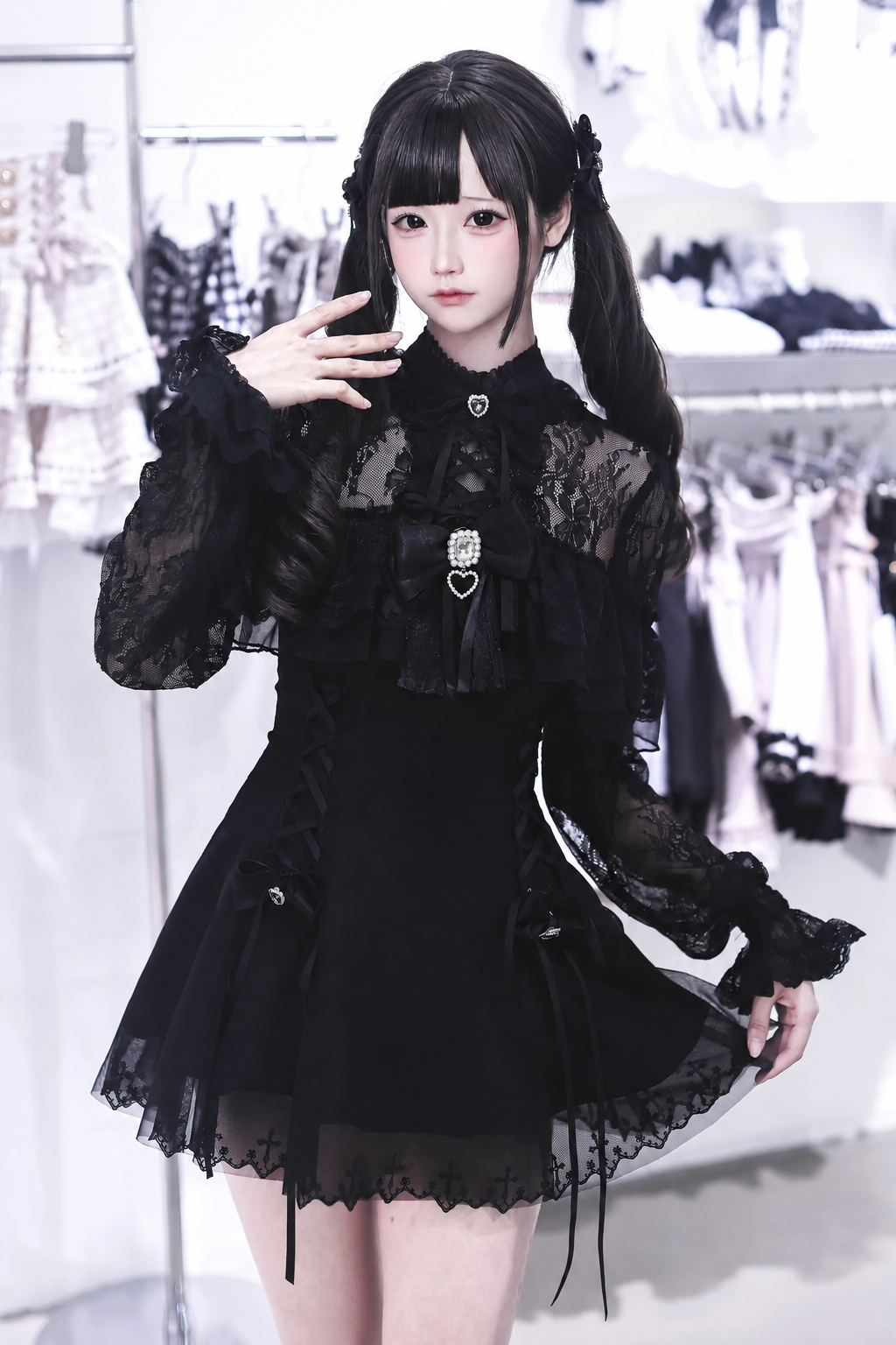 【9月15日予約締切】Black Dark Gothic Sheer Lace Dress Set (Includes Inner Shorts + Rhinestone Bow Tie)