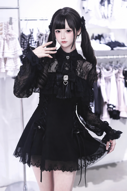 【9月15日予約締切】Black Dark Gothic Sheer Lace Dress Set (Includes Inner Shorts + Rhinestone Bow Tie)