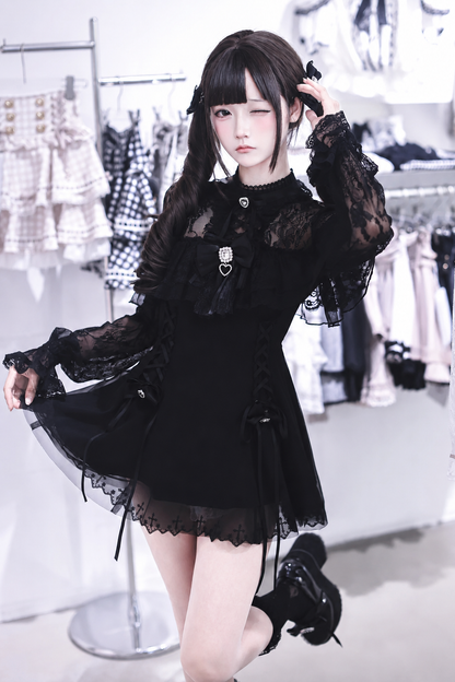 【9月15日予約締切】Black Dark Gothic Sheer Lace Dress Set (Includes Inner Shorts + Rhinestone Bow Tie)