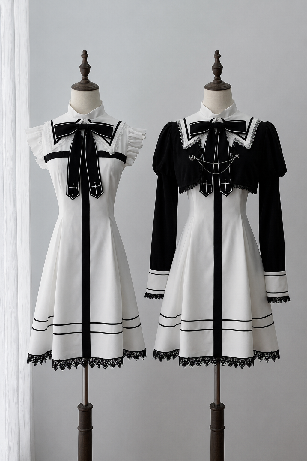 【9月15日予約締切】Black And White Cross Ribbon Frill Lace Academy Dress＋Gothic Chain Cropped Bolero Jacket