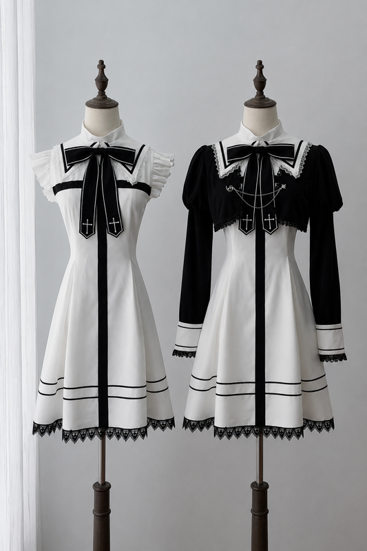 【9月15日予約締切】Black And White Cross Ribbon Frill Lace Academy Dress＋Gothic Chain Cropped Bolero Jacket