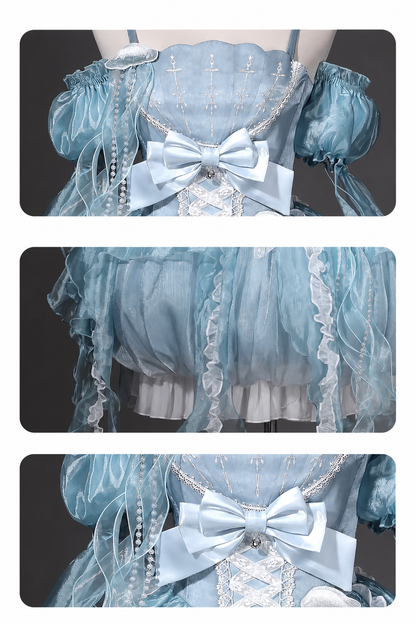 [Pre-order Deadline: September 5] Blue Fantasy Jellyfish Bow Ruffle Suspender Bubble Dress with Asymmetrical Hem+Puff Sleeves with Arm Sleeves