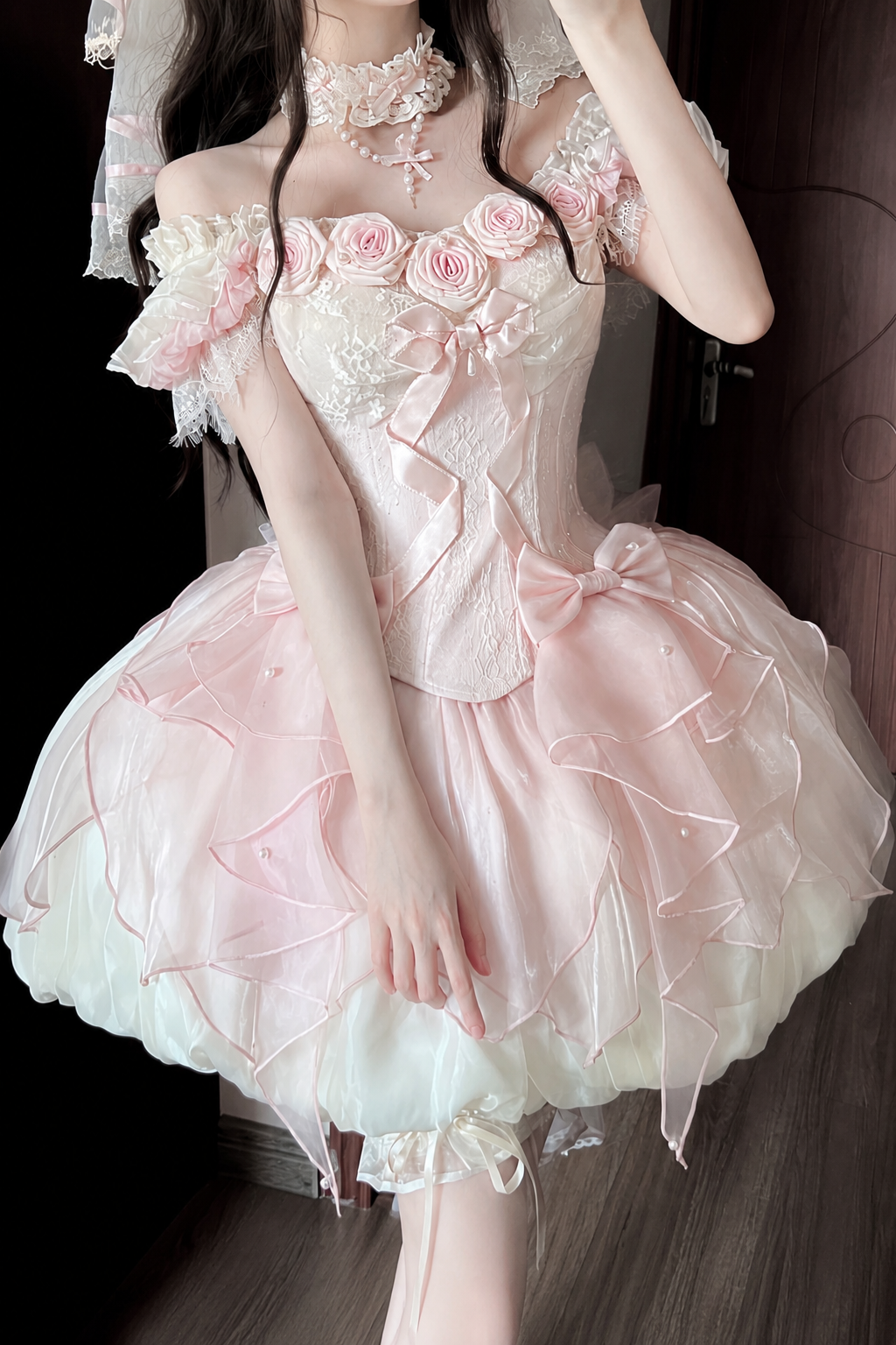 【9月6日予約締切】Romantic Rose Ballet Lolita Series Accessories（Rose Lace Veil Lolita Headpiece＋Lace Pearl Bow Choker）