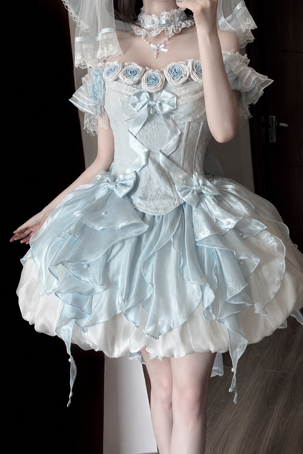 【9月6日予約締切】Romantic Rose Ballet Lolita Series Accessories（Rose Lace Veil Lolita Headpiece＋Lace Pearl Bow Choker）