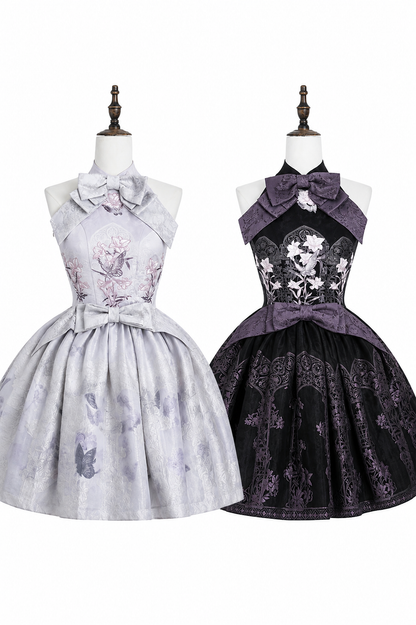 [Scadenza prenotazioni 98] Abito Lolita stile cinese con scollo all'americana, fiocco e ricamo giglio effetto vetrata, nero x viola / bianco x viola