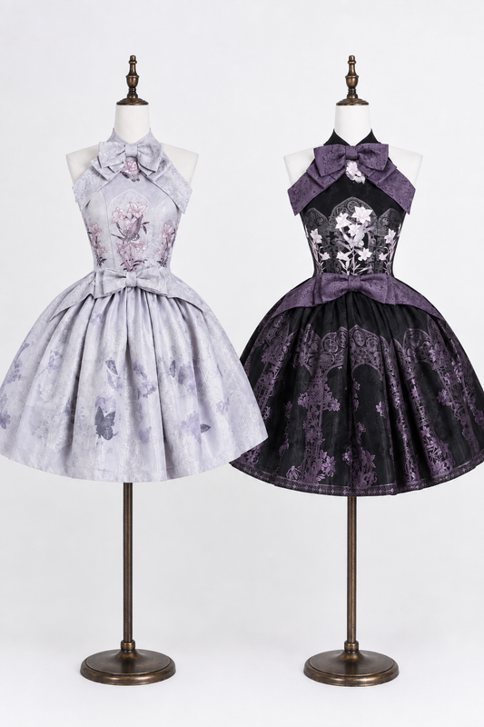 【9月8日予約締切】Black x Purple / White x Purple Lily Embroidery Stained Glass China Lolita Bow Halter Dress
