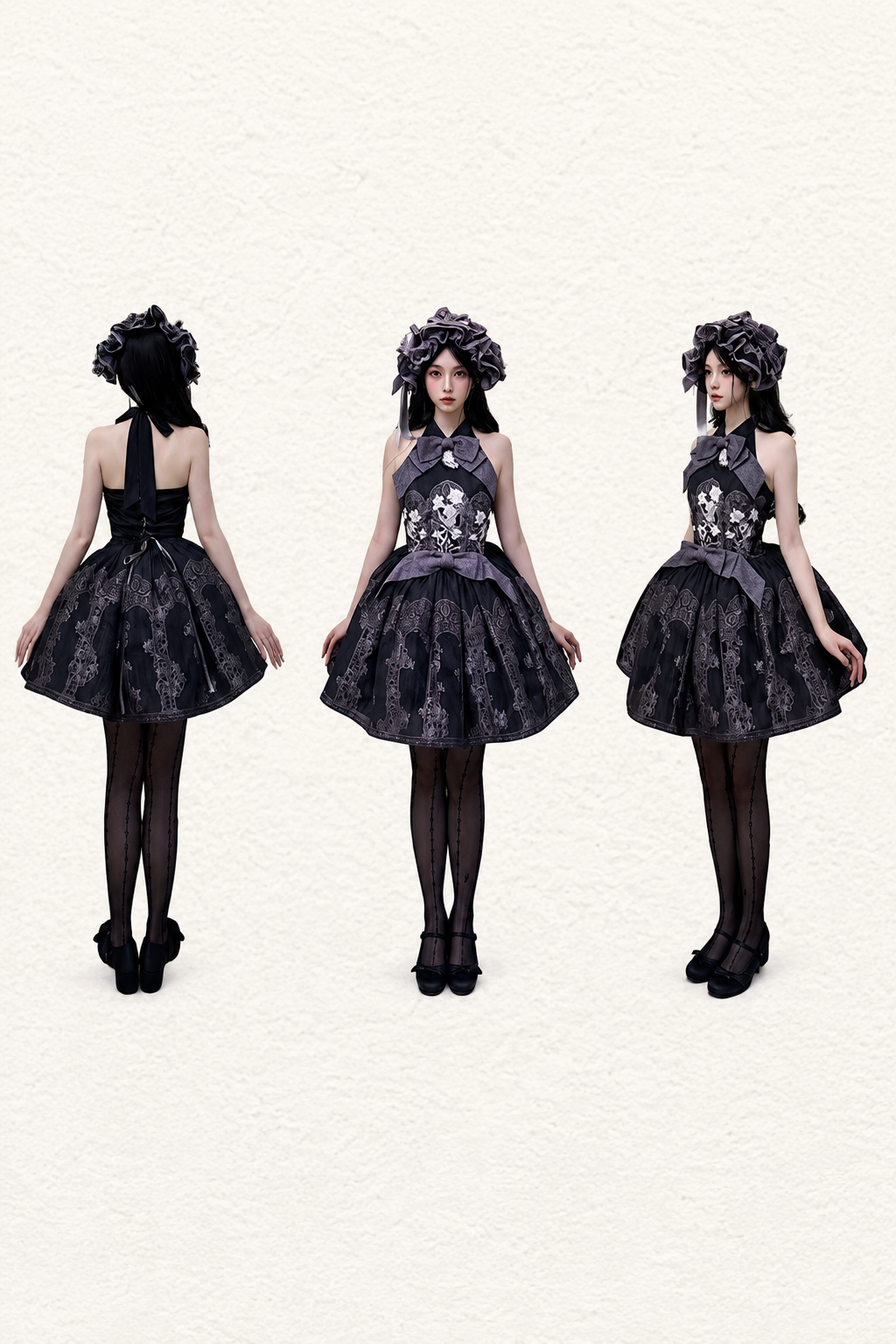 [Scadenza prenotazioni 98] Abito Lolita stile cinese con scollo all'americana, fiocco e ricamo giglio effetto vetrata, nero x viola / bianco x viola