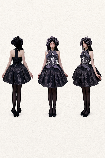 [Scadenza prenotazioni 98] Abito Lolita stile cinese con scollo all'americana, fiocco e ricamo giglio effetto vetrata, nero x viola / bianco x viola