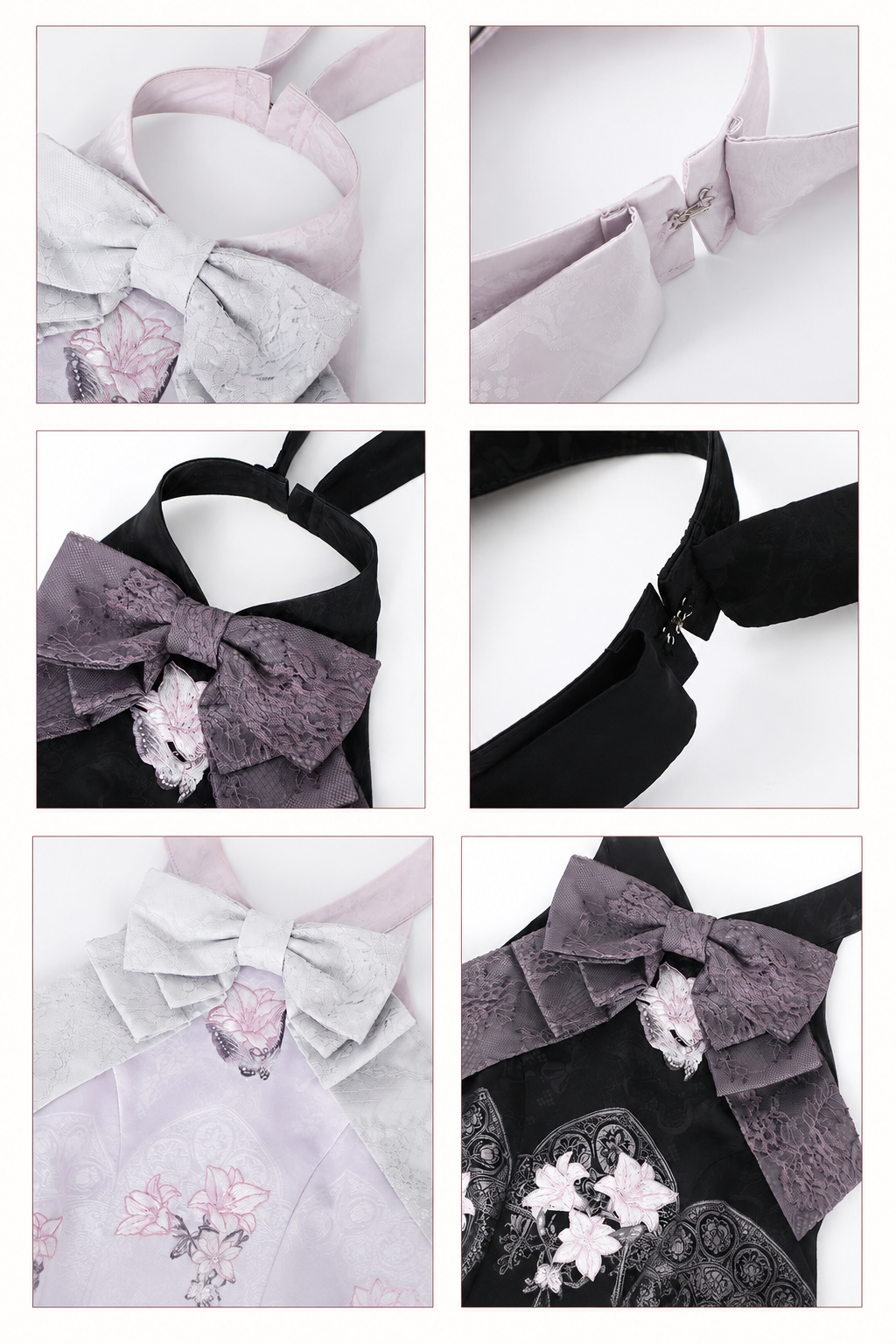 [Scadenza prenotazioni 98] Abito Lolita stile cinese con scollo all'americana, fiocco e ricamo giglio effetto vetrata, nero x viola / bianco x viola