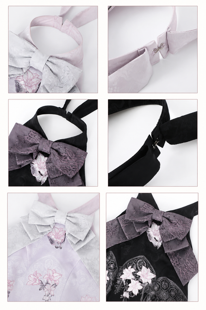 [Scadenza prenotazioni 98] Abito Lolita stile cinese con scollo all'americana, fiocco e ricamo giglio effetto vetrata, nero x viola / bianco x viola
