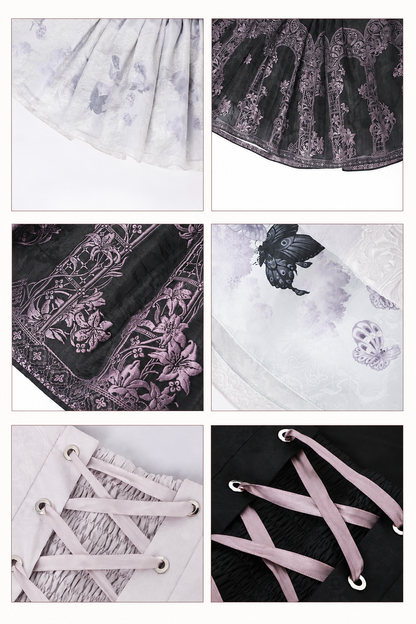 [Scadenza prenotazioni 98] Abito Lolita stile cinese con scollo all'americana, fiocco e ricamo giglio effetto vetrata, nero x viola / bianco x viola