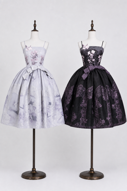 【9月8日予約締切】Black x Purple / White x Purple Lily Embroidery Stained Glass China Lolita Elegant Bow JKS Dress
