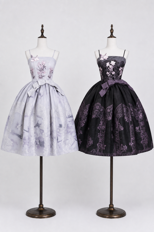 【9月8日予約締切】Black x Purple / White x Purple Lily Embroidery Stained Glass China Lolita Elegant Bow JKS Dress
