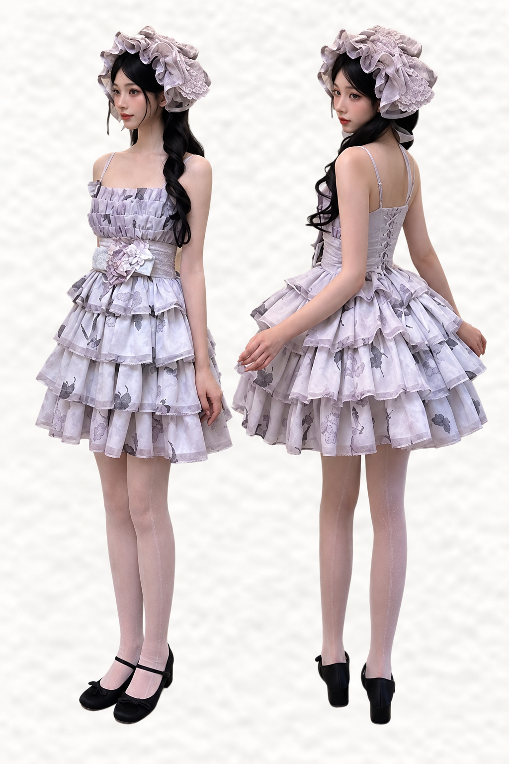 [Scadenza prenotazione 98] Mini abito dolce Lolita a balze con ricamo di gigli, fiocco e farfalla Black x Purple / White x Purple