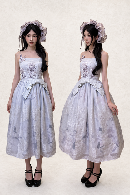 【9月8日予約締切】Black x Purple / White x Purple Lily Embroidery Stained Glass China Lolita Elegant Bow JKS Dress