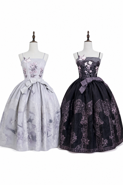 【9月8日予約締切】Black x Purple / White x Purple Lily Embroidery Stained Glass China Lolita Elegant Bow JKS Dress