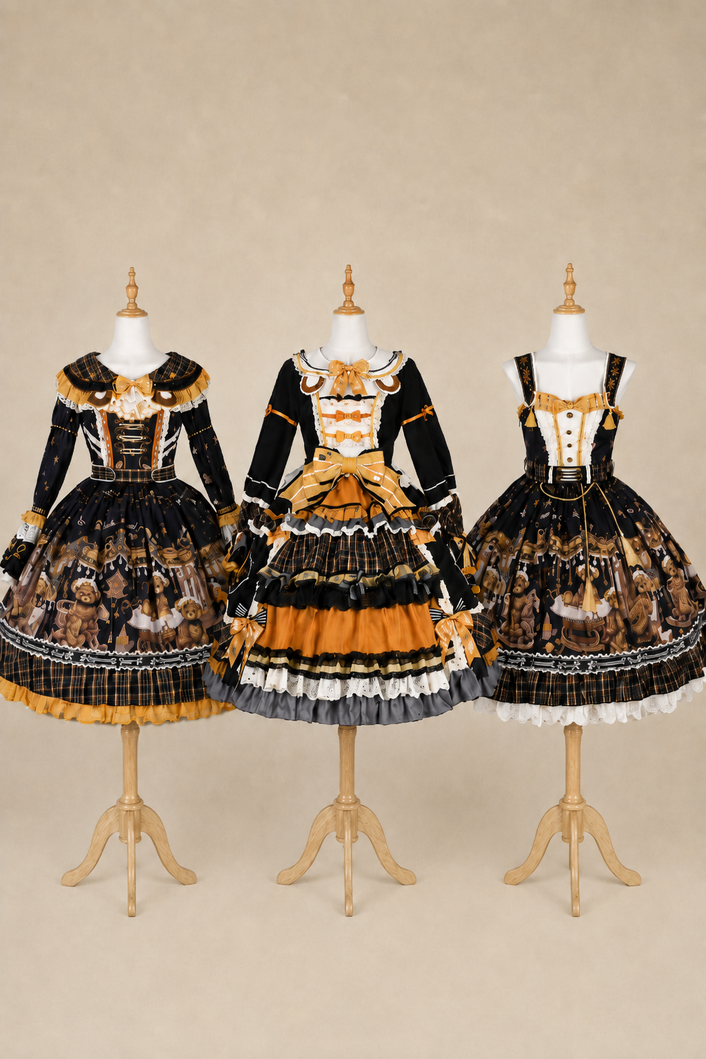[Reservierungsschluss 8. September] Classic Bear Lolita-Stufenkleid mit weißem Kragen, Karomuster, Spitze und Schleife+Vintage-JSK-Kleid mit Teddybär-Print und Spitze+Vintage-Lolita-Kleid mit Teddybär-Print, Karokragen und klassischem Karomuster