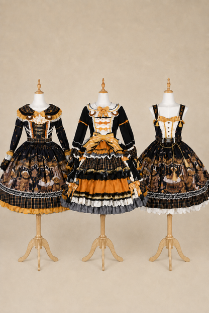 [Reservierungsschluss 8. September] Classic Bear Lolita-Stufenkleid mit weißem Kragen, Karomuster, Spitze und Schleife+Vintage-JSK-Kleid mit Teddybär-Print und Spitze+Vintage-Lolita-Kleid mit Teddybär-Print, Karokragen und klassischem Karomuster