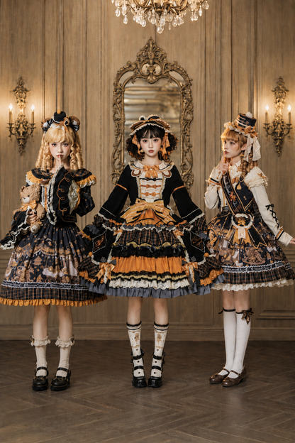 [Reservierungsschluss 8. September] Classic Bear Lolita-Stufenkleid mit weißem Kragen, Karomuster, Spitze und Schleife+Vintage-JSK-Kleid mit Teddybär-Print und Spitze+Vintage-Lolita-Kleid mit Teddybär-Print, Karokragen und klassischem Karomuster