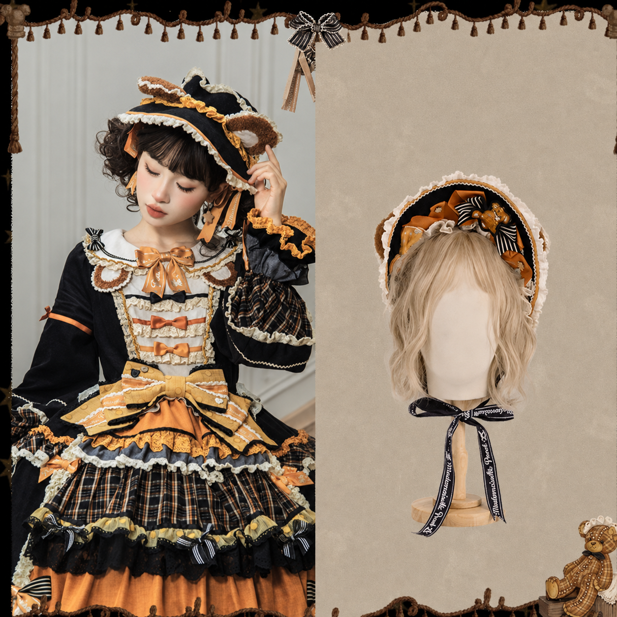 【9月8日予約締切】Vintage Teddy Bear Classic Lolita Series Accessories（Black Hat With Ribbon Train / Mini Hat &amp; Bear Ear KC With Ribbon Decoration / Bear Ear Bonnet / Brown Bear Brooch / Bear Embroidered Brooch）
