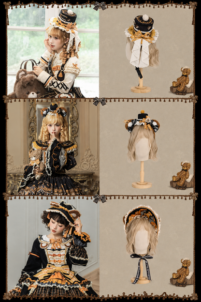 【9月8日予約締切】Vintage Teddy Bear Classic Lolita Series Accessories（Black Hat With Ribbon Train / Mini Hat &amp; Bear Ear KC With Ribbon Decoration / Bear Ear Bonnet / Brown Bear Brooch / Bear Embroidered Brooch）