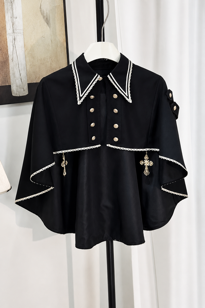 [Reservierungsschluss am 913] Schwarz/Weiß Prinz Gothic-Kreuzanhänger Cape mit Spitzenbesatz