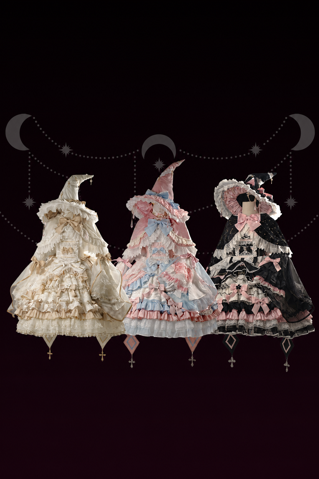 [Date limite de précommande : 14 septembre] Ensemble complet Gothic Black Pink Witch : robe JSK à croix + grande traîne à nœud + cape à capuche + manches amovibles + chapeau de sorcière + manches extérieures