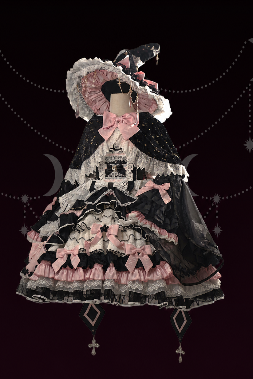 [Date limite de précommande : 14 septembre] Ensemble complet Gothic Black Pink Witch : robe JSK à croix + grande traîne à nœud + cape à capuche + manches amovibles + chapeau de sorcière + manches extérieures