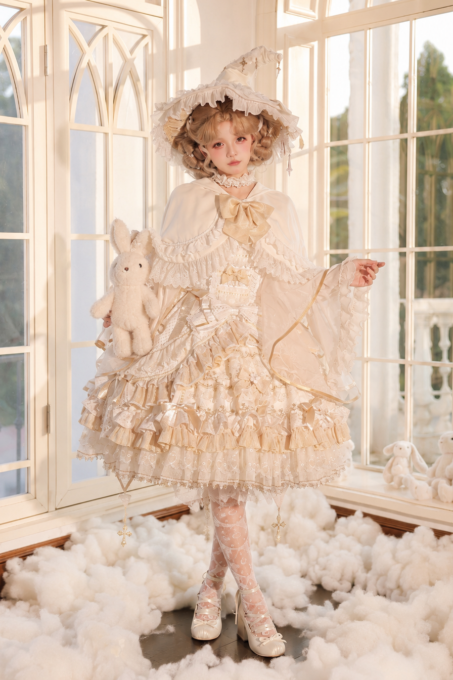 [Cierre de reserva el 14 de septiembre] Conjunto completo Elegant White Gold Witch: vestido JSK cruz + cola con lazo grande + capa con capucha + mangas desmontables + sombrero de bruja + mangas exteriores