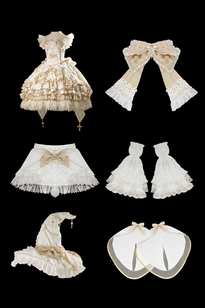 [Cierre de reserva el 14 de septiembre] Conjunto completo Elegant White Gold Witch: vestido JSK cruz + cola con lazo grande + capa con capucha + mangas desmontables + sombrero de bruja + mangas exteriores