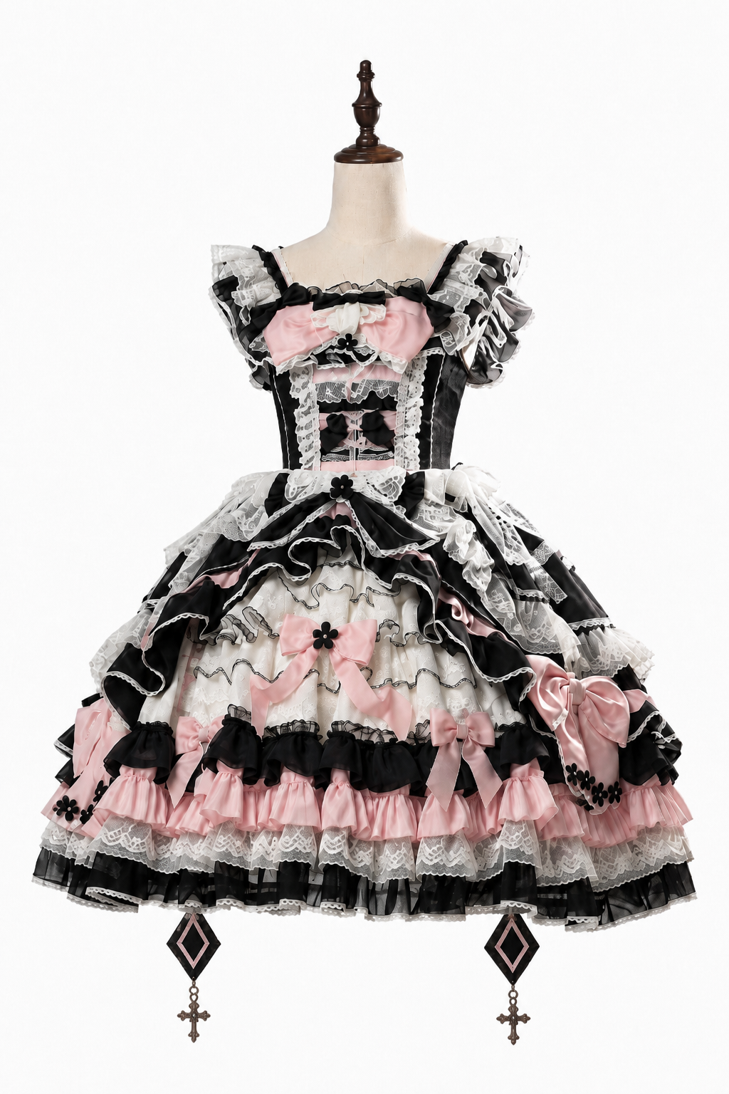 [Date limite de précommande : 14 septembre] Ensemble complet Gothic Black Pink Witch : robe JSK à croix + grande traîne à nœud + cape à capuche + manches amovibles + chapeau de sorcière + manches extérieures