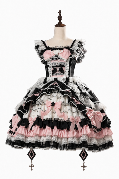 [Date limite de précommande : 14 septembre] Ensemble complet Gothic Black Pink Witch : robe JSK à croix + grande traîne à nœud + cape à capuche + manches amovibles + chapeau de sorcière + manches extérieures