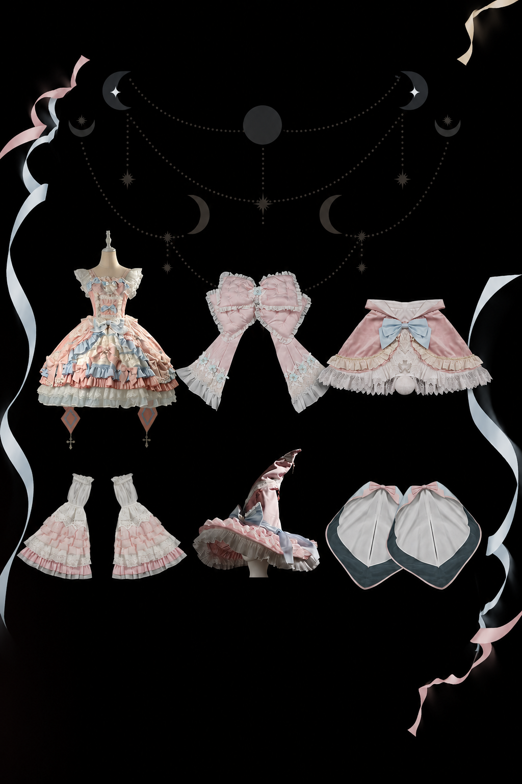 [Cierre de reserva el 14 de septiembre] Conjunto completo Fantasy Sweet Witch de vestido JSK cruzado + cola con lazo grande + capa con capucha + mangas desmontables + sombrero de bruja + mangas exteriores