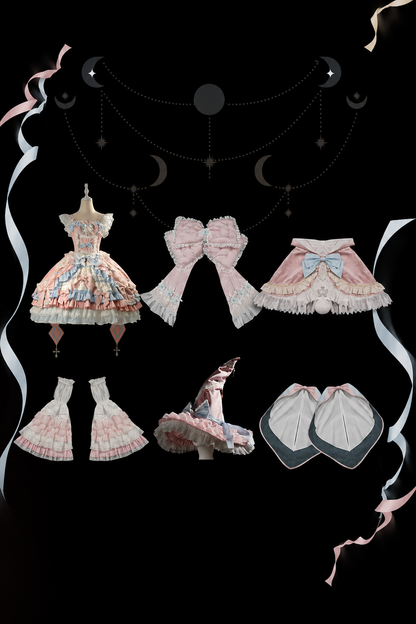 [Cierre de reserva el 14 de septiembre] Conjunto completo Fantasy Sweet Witch de vestido JSK cruzado + cola con lazo grande + capa con capucha + mangas desmontables + sombrero de bruja + mangas exteriores