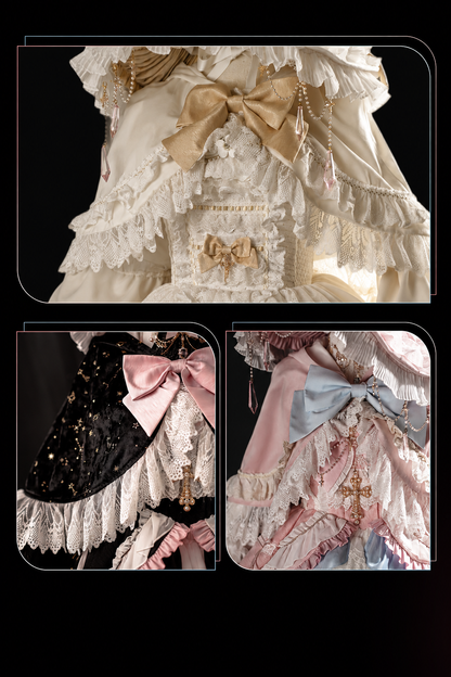 [Cierre de reserva el 14 de septiembre] Conjunto completo Elegant White Gold Witch: vestido JSK cruz + cola con lazo grande + capa con capucha + mangas desmontables + sombrero de bruja + mangas exteriores