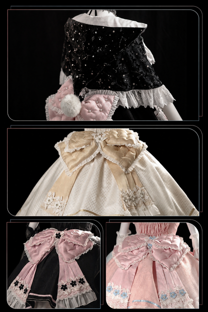 [Cierre de reserva el 14 de septiembre] Conjunto completo Elegant White Gold Witch: vestido JSK cruz + cola con lazo grande + capa con capucha + mangas desmontables + sombrero de bruja + mangas exteriores