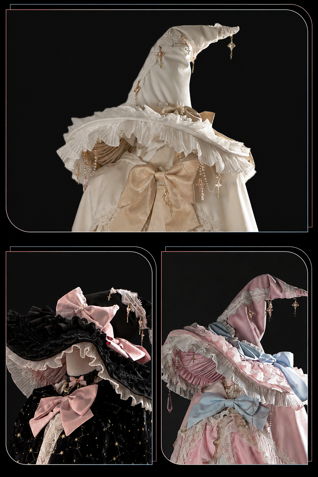 [Cierre de reserva el 14 de septiembre] Conjunto completo Elegant White Gold Witch: vestido JSK cruz + cola con lazo grande + capa con capucha + mangas desmontables + sombrero de bruja + mangas exteriores
