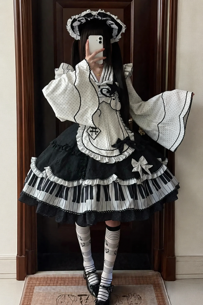 [Reservierungsschluss 15. August] Klassisches Piano-Lolita-JSK mit Rüschenträgern, Notenschleifen-Schürzenkleid-Set + Komplettset
