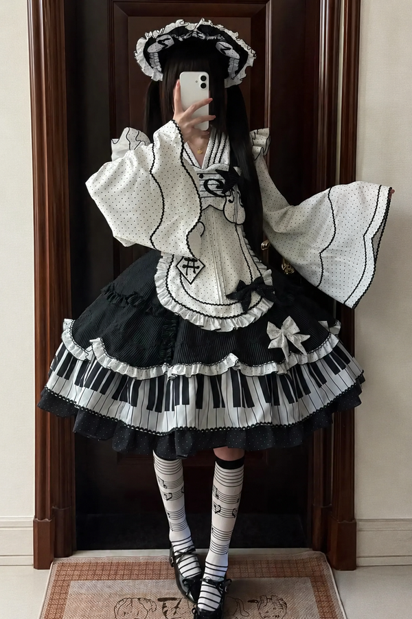 【8月15日予約締切】クラシックピアノフリルショルダーロリータJKS音符リボンエプロンドレスセット＋コンプリートセット