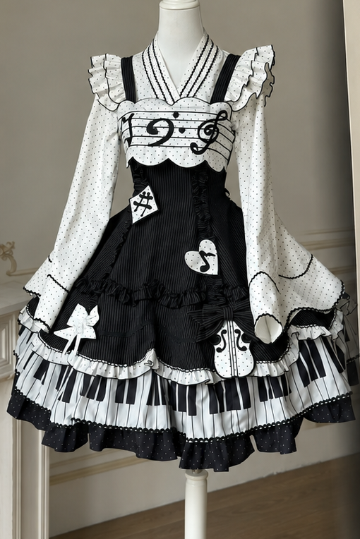 [Reservierungsschluss 15. August] Klassisches Piano-Lolita-JSK mit Rüschenträgern, Notenschleifen-Schürzenkleid-Set + Komplettset