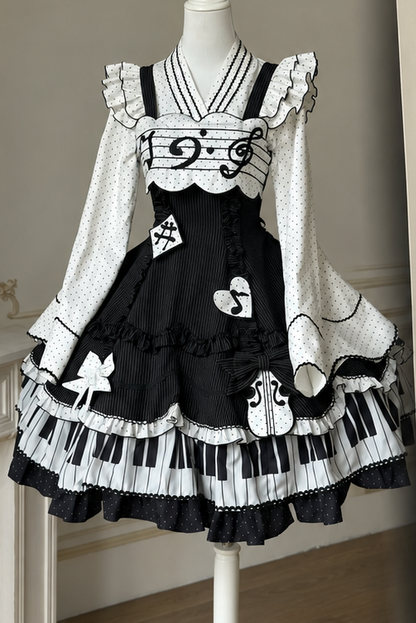 [Reservierungsschluss 15. August] Klassisches Piano-Lolita-JSK mit Rüschenträgern, Notenschleifen-Schürzenkleid-Set + Komplettset