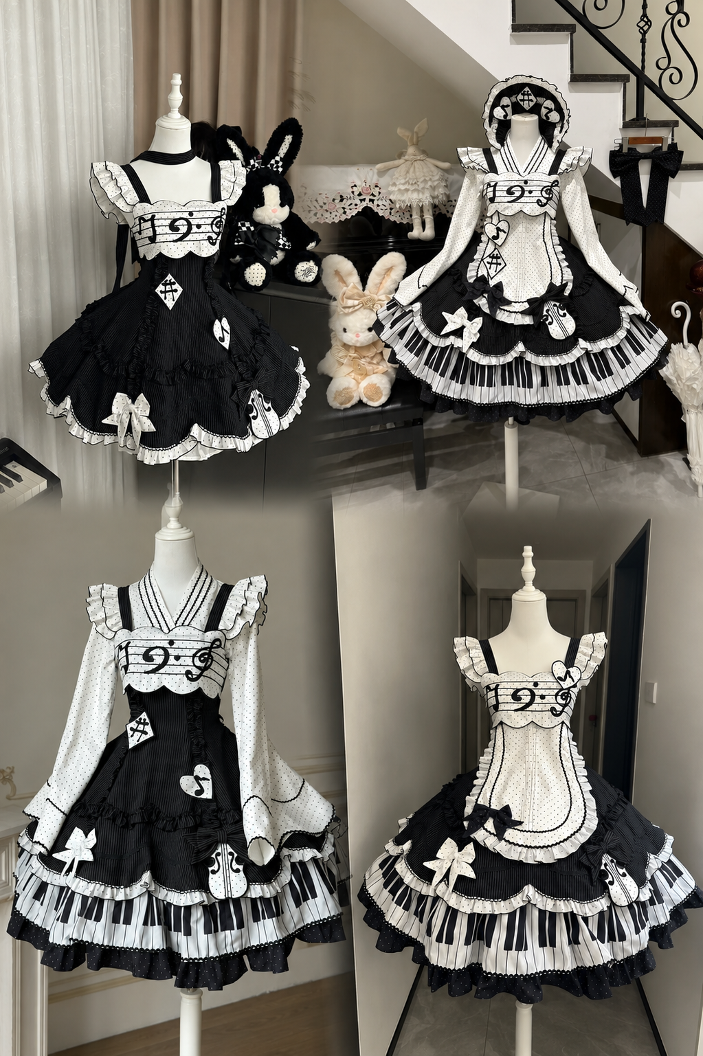 [Reservierungsschluss 15. August] Klassisches Piano-Lolita-JSK mit Rüschenträgern, Notenschleifen-Schürzenkleid-Set + Komplettset