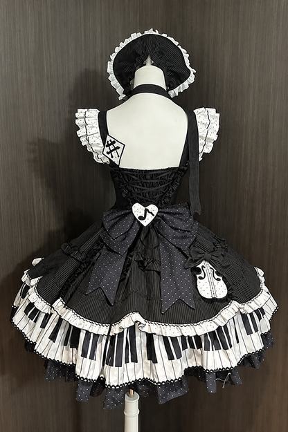 [Reservierungsschluss 15. August] Klassisches Piano-Lolita-JSK mit Rüschenträgern, Notenschleifen-Schürzenkleid-Set + Komplettset
