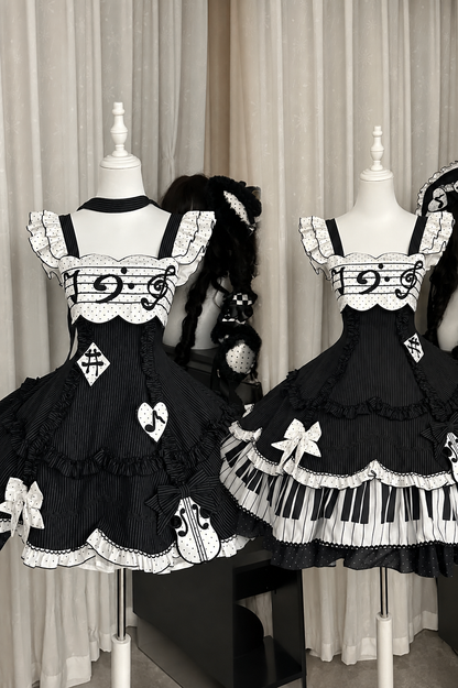 [Reservierungsschluss 15. August] Klassisches Piano-Lolita-JSK mit Rüschenträgern, Notenschleifen-Schürzenkleid-Set + Komplettset